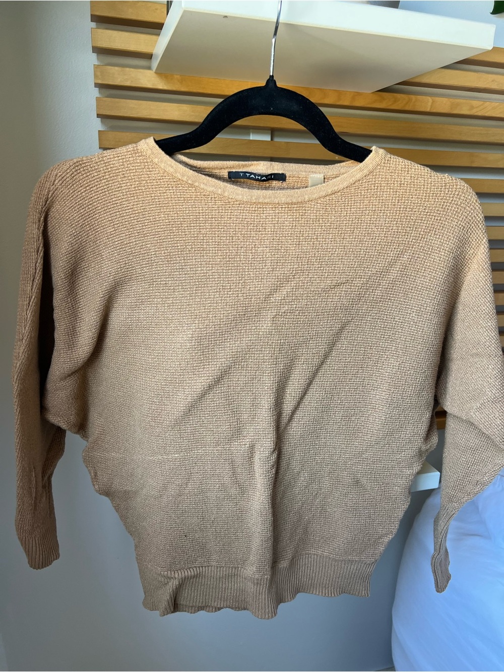 Bundle of Two Tahari Light Beige + Tan Scoop Neck Knit Sweaters